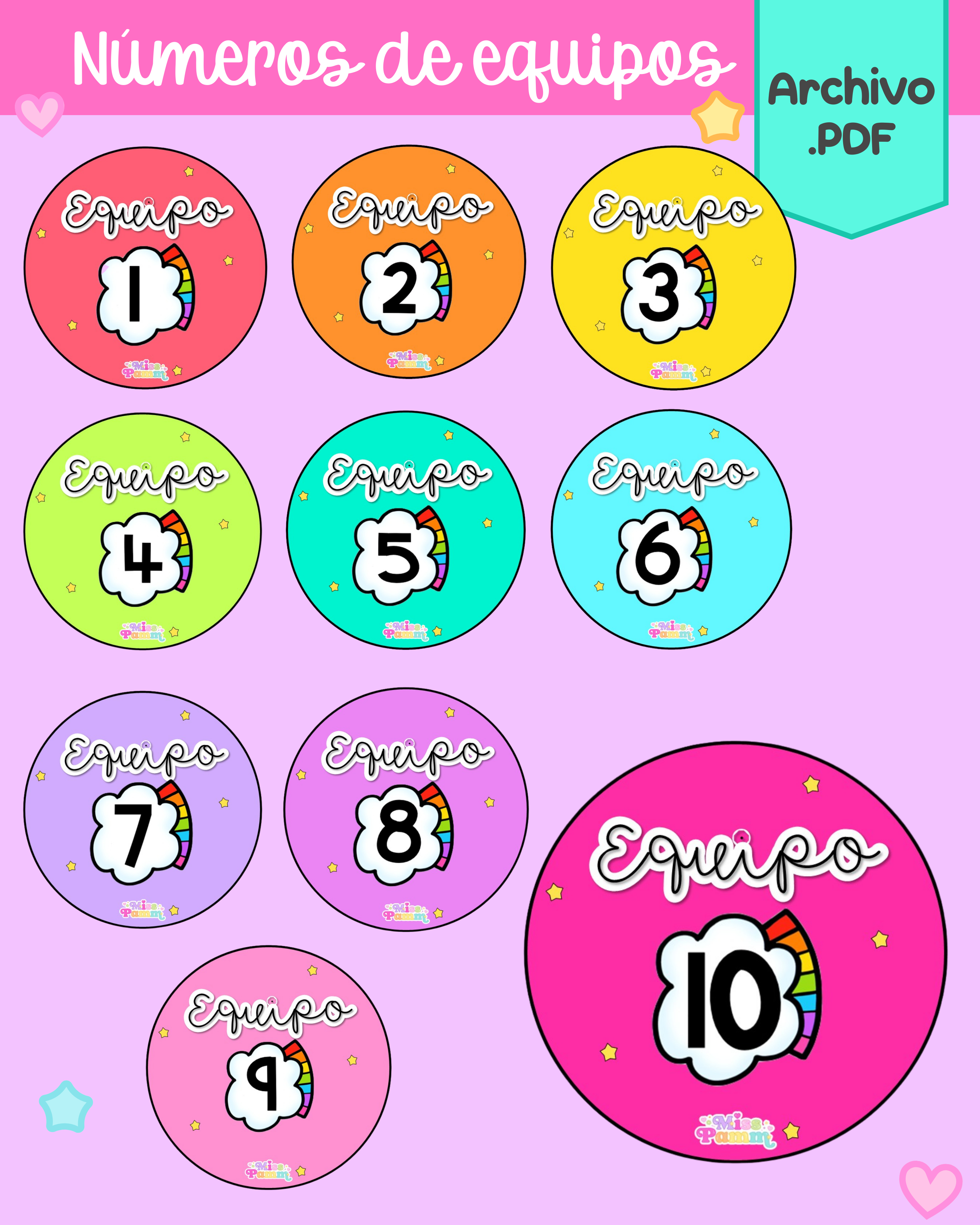 Tarjetas de números de equipo colores